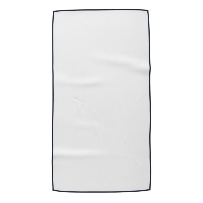 White fabric swatch with a dark navy border and subtle woven texture.