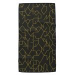 Black fabric swatch with a repeating pattern of gold geometric line shapes.