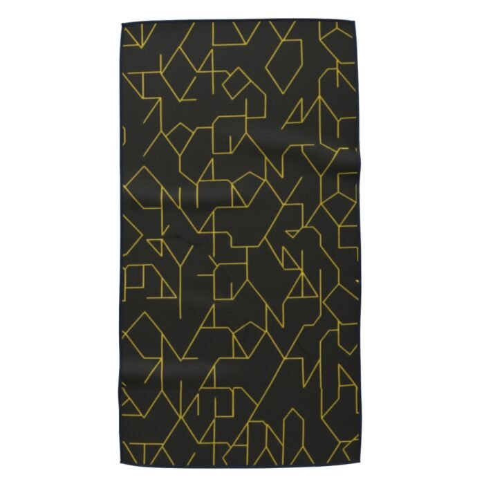 Black fabric swatch with a repeating pattern of gold geometric line shapes.