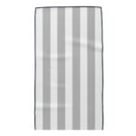 White fabric swatch with vertical grey-and-white stripes and a dark navy border.
