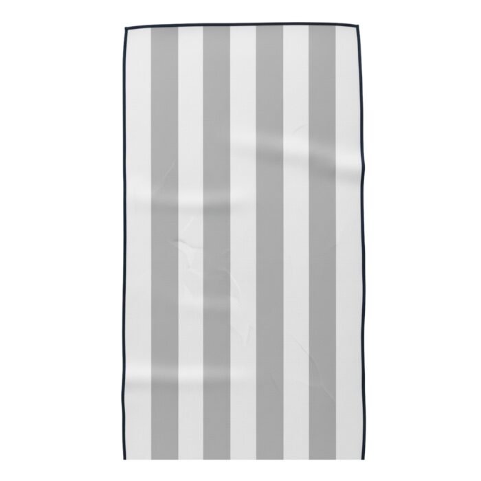 White fabric swatch with vertical grey-and-white stripes and a dark navy border.