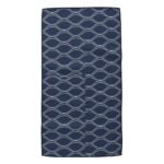 Navy fabric swatch with repeating wavy line pattern in light blue and white.
