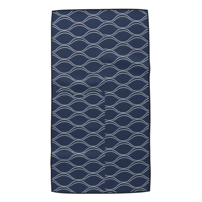 Navy fabric swatch with repeating wavy line pattern in light blue and white.