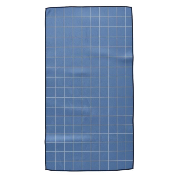 Blue fabric swatch with a repeating grid pattern of intersecting lines.