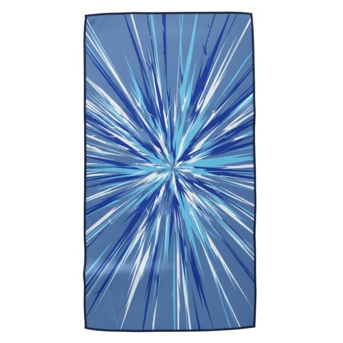 Blue fabric swatch with a radial burst pattern of intersecting lines converging at the center.