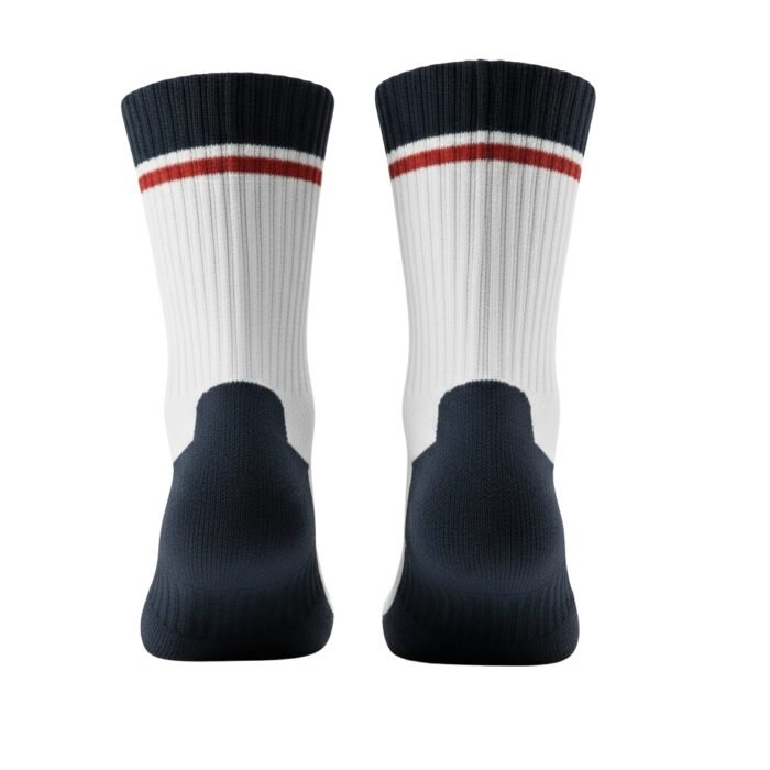 Pair of white crew socks with dark navy cuffs and a red-and-white striped band near the top, shown with navy heel and toe areas.