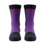 Pair of crew socks shown side-by-side on a white background, with purple legs and toes/soles in dark charcoal, featuring a dark cuff and horizontal stripes near the top in purple, orange-brown, and a thin dark line.