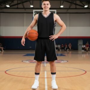Basketball player in gym holding an orange basketball, standing on the court.