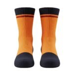 Pair of crew socks shown side-by-side on a white background with ribbed knit texture, orange-to-amber legs featuring horizontal stripe bands near the top in black, burgundy, and warm orange, and dark charcoal/black toe and sole.