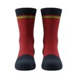 Pair of crew socks side-by-side on a white background, featuring a dark charcoal toe and sole with a ribbed texture, a deep red leg, and a narrow multi-color stripe band near the top in dark charcoal, red, green, and yellow-green.