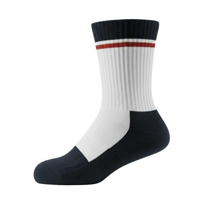 Single white athletic crew sock with dark navy ankle and toe, featuring a dark navy top cuff with a white and red striped band near the top.