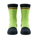 Pair of neon green crew socks with dark navy cuffs, featuring a red-brown and thin red stripe band plus a small green accent band near the top, shown side-by-side with dark navy toe and sole on a white background.