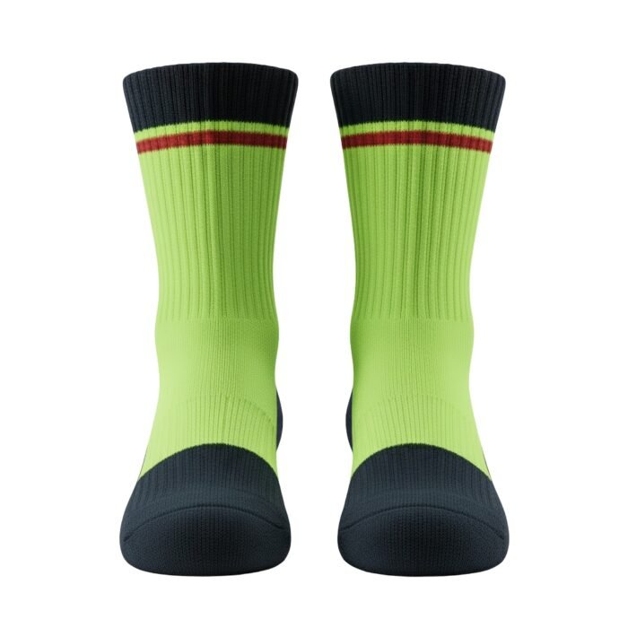 Pair of neon green crew socks with dark navy cuffs, featuring a red-brown and thin red stripe band plus a small green accent band near the top, shown side-by-side with dark navy toe and sole on a white background.