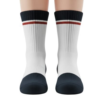 Pair of white athletic crew socks with dark navy cuffs, featuring a red-brown and white horizontal stripe band near the top, shown side-by-side on a white background.