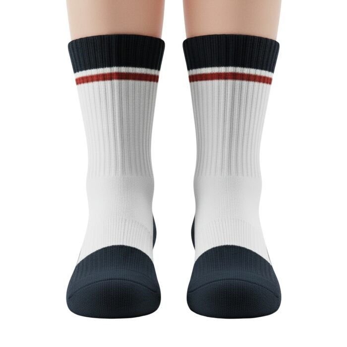 Pair of white athletic crew socks with dark navy cuffs, featuring a red-brown and white horizontal stripe band near the top, shown side-by-side on a white background.