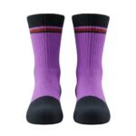 Pair of crew socks side-by-side on a white background with a dark charcoal toe and sole, ribbed knit texture, and a purple leg featuring a thin multi-color stripe band near the top in purple, dark charcoal, and warm orange-brown tones.