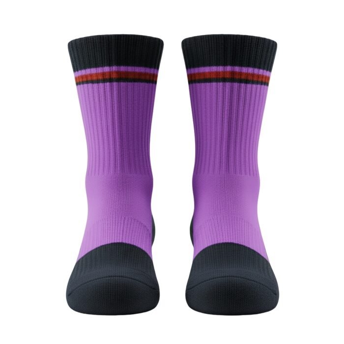 Pair of crew socks side-by-side on a white background with a dark charcoal toe and sole, ribbed knit texture, and a purple leg featuring a thin multi-color stripe band near the top in purple, dark charcoal, and warm orange-brown tones.