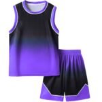 Front view of basketball team uniform on hanger, showing jersey and shorts with printed number and team colors.