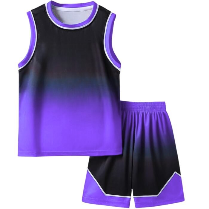 Front view of basketball team uniform on hanger, showing jersey and shorts with printed number and team colors.