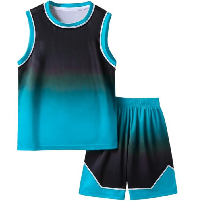 Front view of basketball team uniform on hanger, showing jersey and shorts with number and team colors.