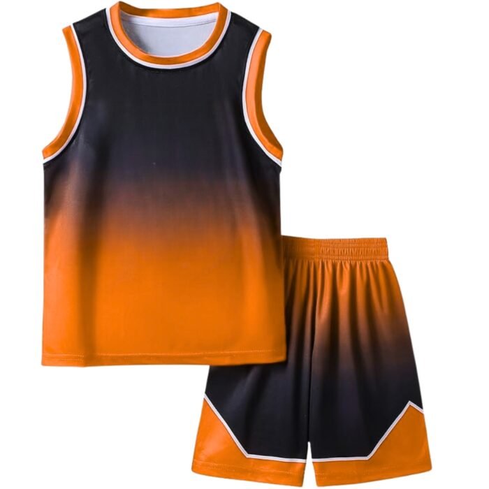 Front view of basketball team uniform on hanger, showing jersey and shorts with number, team name, and colors.