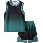 Front view of basketball team uniform on hanger, showing jersey and shorts with printed number, team name, and colors. Front view of basketball team uniform on hanger, showing jersey and shorts with printed number, team name, and colors.