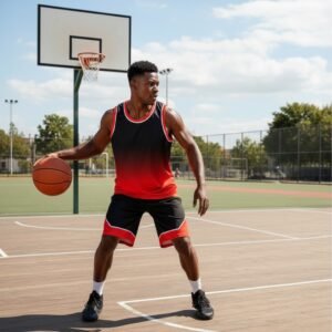 Basketball team uniform on model standing in front of a sporty background, showing full front view of jersey and shorts.