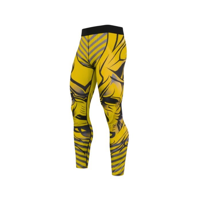 Giallo oro golden yellow basketball compression legging tights shown flat on a plain background, highlighting full-length design and elastic waistband.