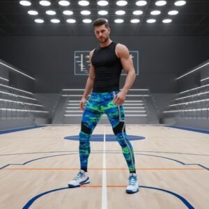 Male basketball player model wearing black compression legging tights and a sleeveless top, posing with a basketball on an indoor court background.
