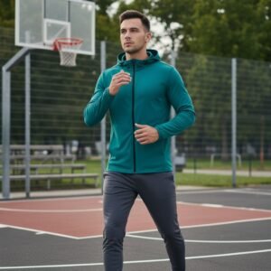 Basketball lightweight jacket on model standing in front of a sporty outdoor background.