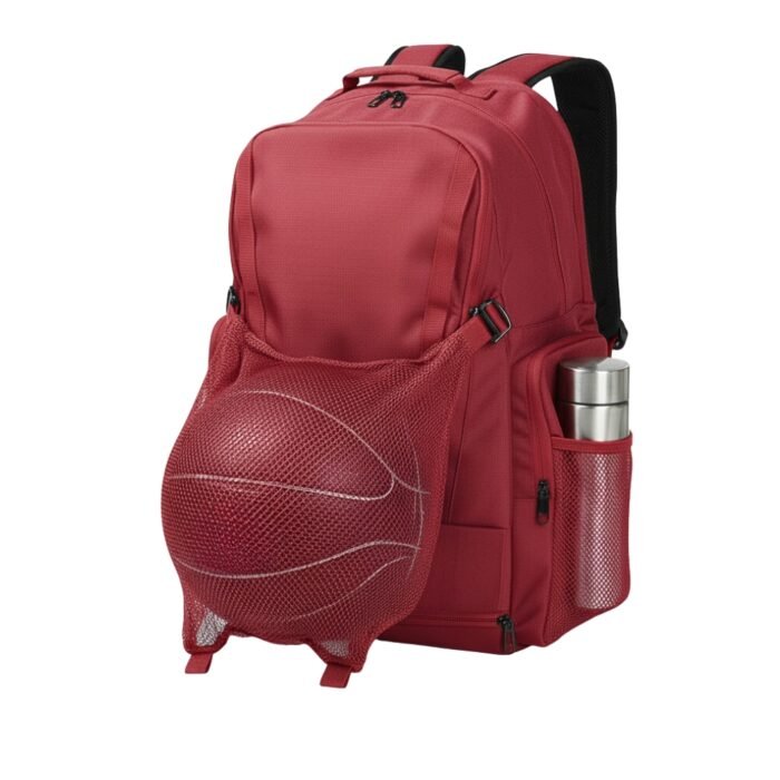 A red backpack featuring a mesh pocket holding a basketball and a side mesh pocket containing a stainless steel water bottle. The backpack has multiple compartments and adjustable shoulder straps for convenience.