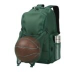 A green backpack with a basketball in its front mesh pocket and a stainless steel water bottle in a side mesh pocket. The backpack features multiple compartments and adjustable straps for functionality