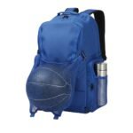 A blue backpack with a front mesh pocket holding a basketball and a side pocket containing a metallic water bottle.