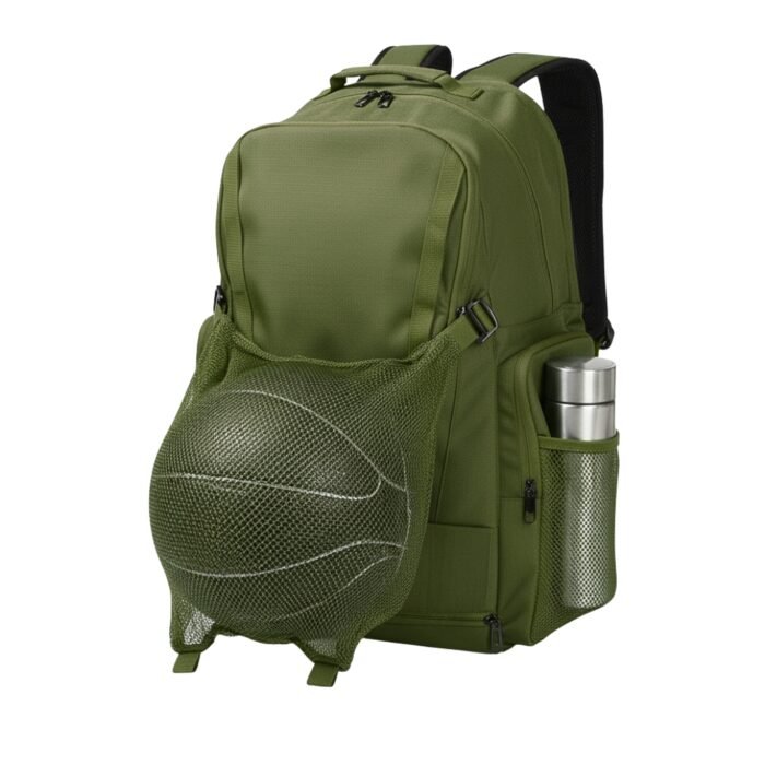 An olive green backpack with a front mesh pocket holding a basketball and a side pocket containing a metallic water bottle.