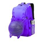 A purple backpack with a front mesh pocket holding a basketball and a side pocket containing a metallic water bottle.