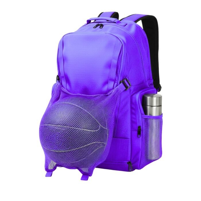 A purple backpack with a front mesh pocket holding a basketball and a side pocket containing a metallic water bottle.