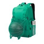 A vibrant green backpack with a front mesh pocket holding a basketball and a side pocket containing a metallic water bottle.