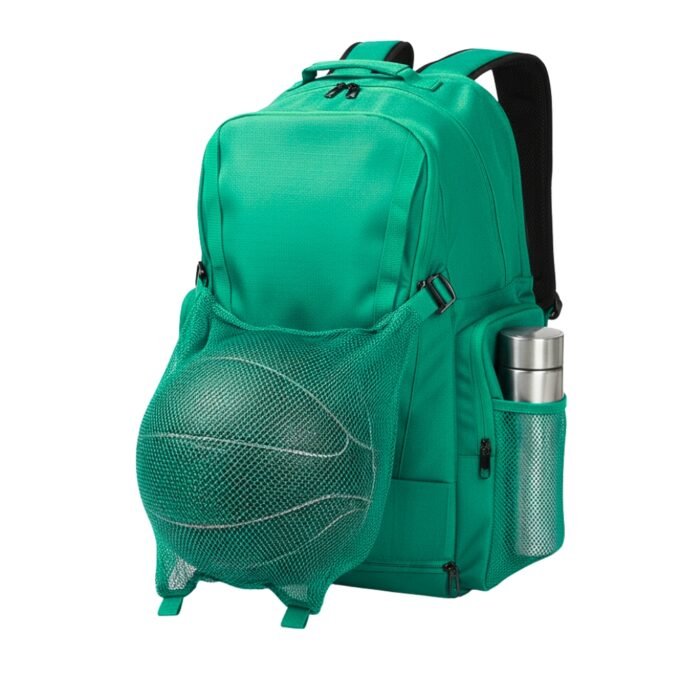 A vibrant green backpack with a front mesh pocket holding a basketball and a side pocket containing a metallic water bottle.