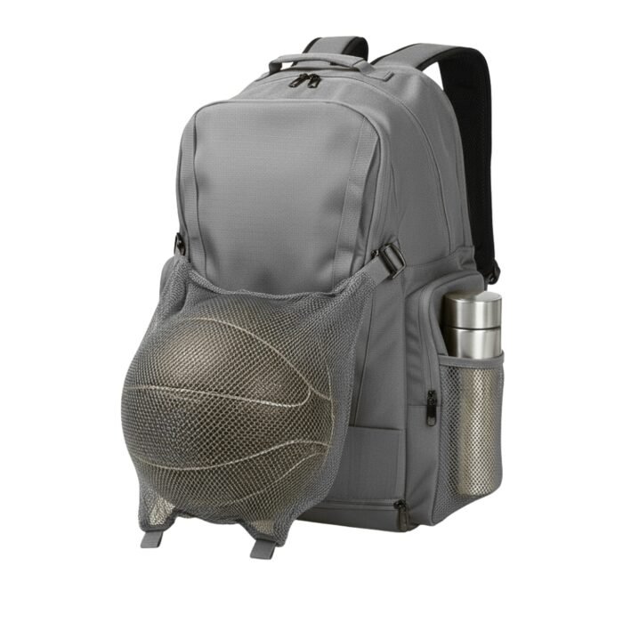 A gray backpack with a front mesh pocket holding a basketball and a side pocket containing a metallic water bottle.