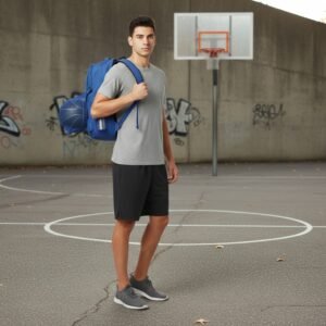 A person standing on an outdoor basketball court with a blue backpack on their shoulder, a basketball in the backpack’s mesh pocket, and a water bottle in the side pocket. The backdrop features a basketball hoop and graffiti on a wall.