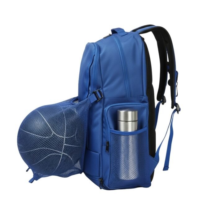 Side view of basketball sports duffel bag showing length, side pocket, and shoulder strap attachment.