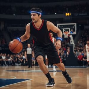 Basketball player dribbling an orange ball on an indoor court during a game.