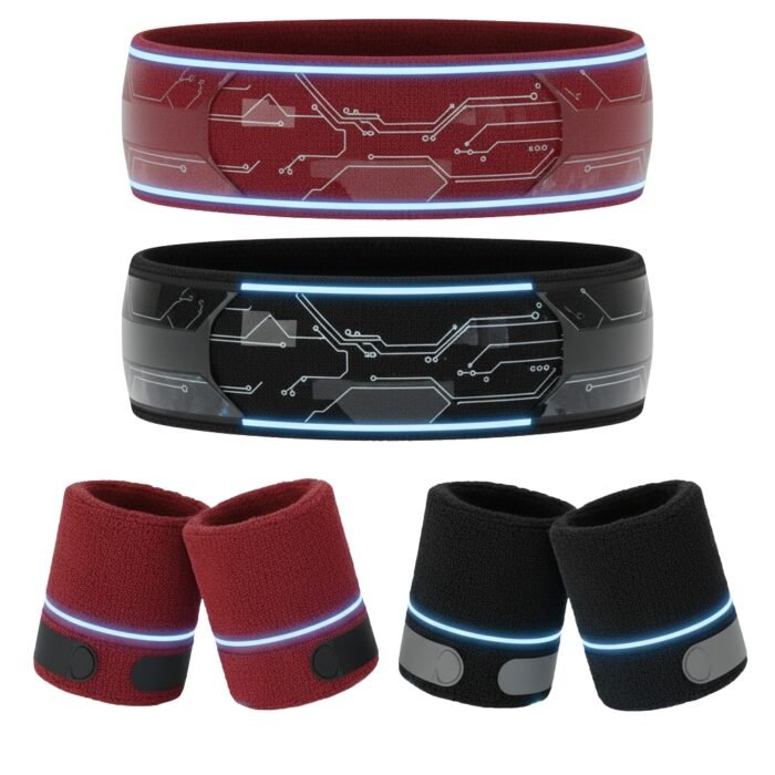 Smart LED light wristband set in red and black with circuit pattern design