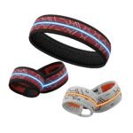 LED light wristbands set with red circuit-and-hex patterns, blue glowing border on black band, and orange glowing border on gray band