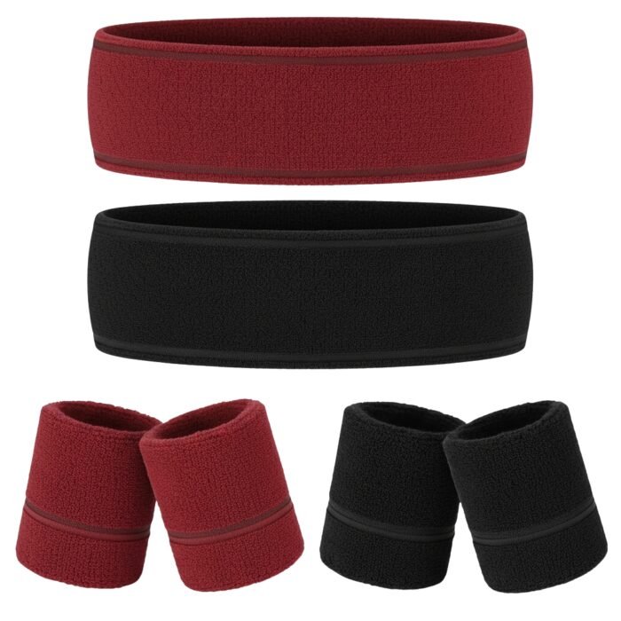 Three LED wristband designs shown in a studio product photo: red wristband pair with dark edge band, black wristband pair with dark edge band, and a top view of the red and black wristbands on a clean white background.
