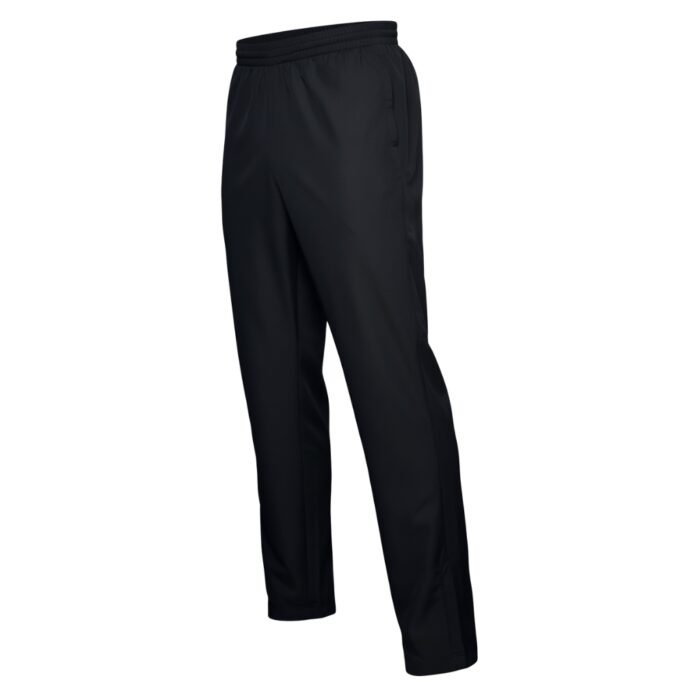 A high-resolution, studio-quality back-angle photograph of men’s dark blue athletic pants on a clean white background. The pants showcase a functional drawstring waistband for customizable fit, a compact zippered security pocket positioned on the lower right hip, and a streamlined straight-tapered leg cut engineered for unrestricted mobility during training. Fabric appears lightweight, smooth-textured, and subtly structured—consistent with performance-oriented, moisture-wicking sportswear. No model, branding, or accessories visible; focus is solely on product construction and silhouette.