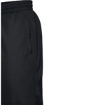Black athletic shorts with wide elastic waistband and reinforced side pocket — close-up detail