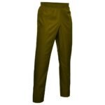 Olive green straight-leg athletic pants with elastic waistband, lightweight nylon-polyester blend