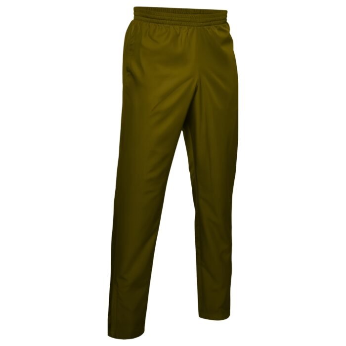 Olive green straight-leg athletic pants with elastic waistband, lightweight nylon-polyester blend