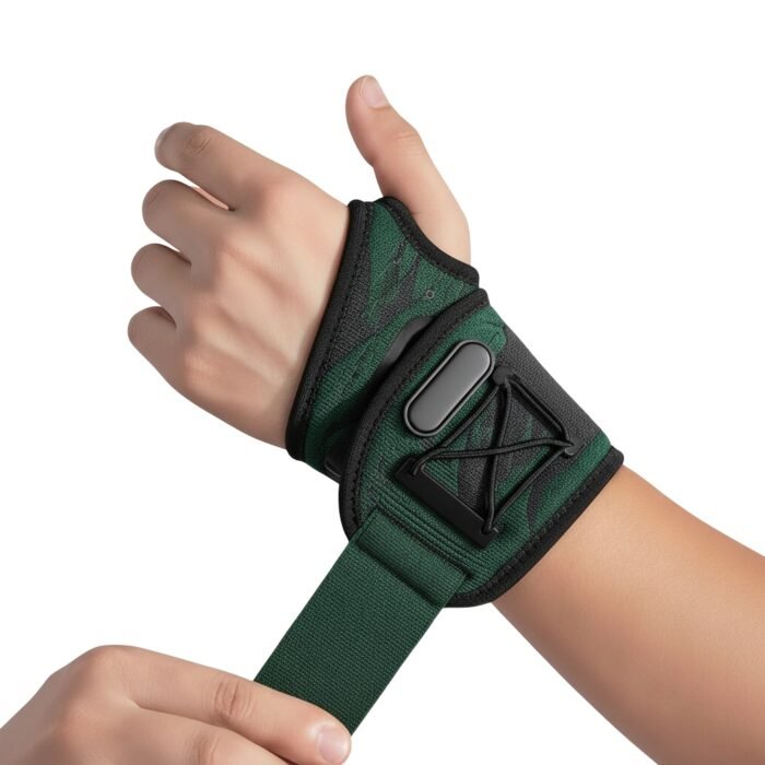 Hand wearing a dark green basketball LED wristband sleeve with black trim, a rectangular LED light module, and an adjustable strap on a white background.
